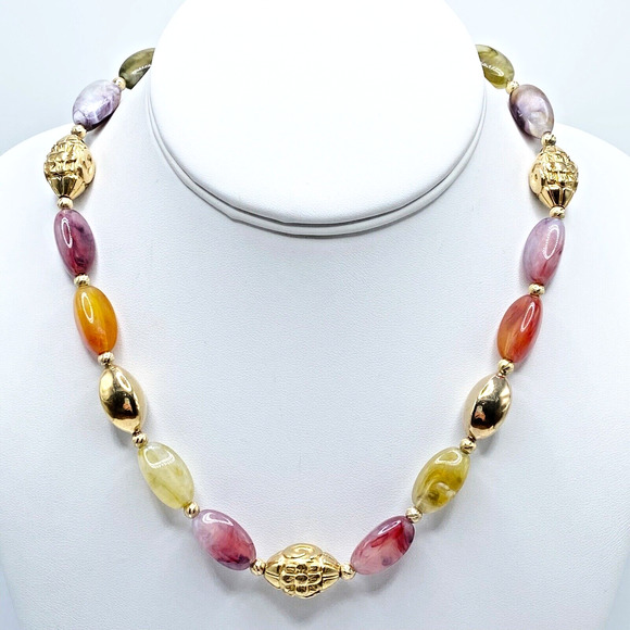 Napier Jewelry - Vintage Napier Lucite Marbled Faux Stone Gold Tone Beaded Necklace Colorful 16"